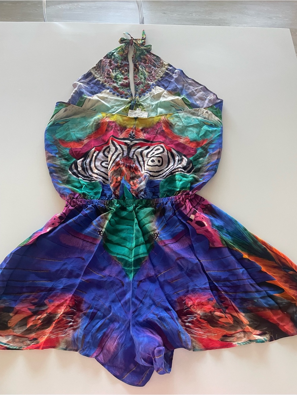 Camilla Multicolor Halter Backless 100% Silk Romper with Swarovski Crystals - Picture 8 of 11